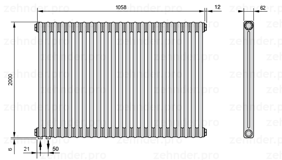 Схема (чертеж) Радиатор Zehnder Charleston 2200/23 №3370 Белый глянцевый RAL 9016